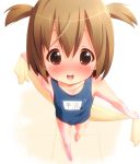  :d blush brown_eyes brown_hair child drying from_above hirasawa_yui k-on! one-piece_swimsuit open_mouth ramble school_swimsuit short_hair short_twintails smile swimsuit towel twintails young 