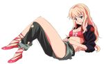  blonde_hair blue_eyes bra crossed_legs lingerie macross macross_frontier sheryl_nome sitting underwear 