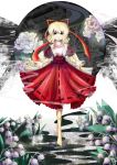  dress flower hitsuji_machi lily_of_the_valley medicine_melancholy mouth_hold peony_(flower) red_dress solo string touhou 
