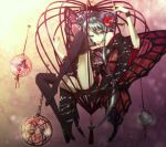  aqua_eyes aqua_hair butterfly butterfly_wings cage flower hair_flower hair_ornament hair_ribbon hairpin hatsune_miku japanese_clothes kimono kneehighs kuina_(escapegoat) long_hair ribbon socks solo twintails vocaloid wings 