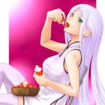  bare_shoulders bowl china_dress chinese_clothes eating food fruit green_eyes holding holding_fruit lavender_hair leaning long_hair original sitting sleeveless solo strawberry thigh-highs thighhighs tongue very_long_hair white_legwear white_thighhighs zettai_ryouiki 