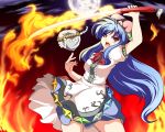  dress fire flaming_sword food fruit full_moon hat hinanawi_tenshi keystone long_hair moon peach red_eyes rock shimenawa solo sword sword_of_hisou touhou tsuki_no_alice weapon 