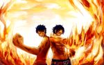  back-to-back bad_id belt blue_hair brothers bruise clenched_hand fiery_background fire fist foreshortening injury male monkey_d_luffy multiple_boys muscle one_piece open_mouth portgas_d_ace scar shirtless siblings tsuyomaru 