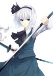  bob_cut hairband hiroya_juuren katana konpaku_youmu long_sleeves serious sheath short_hair silver_hair simple_background solo sword touhou unsheathing vest weapon 