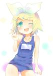  green_eyes hair_ornament hair_ribbon hairclip kagamine_rin migu_(migu_room) one-piece_swimsuit open_mouth ribbon school_swimsuit short_hair smile swimsuit v vocaloid wink 