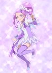 1girl cure_sword dokidoki!_precure highres iyakun kenzaki_makoto ponytail precure purple_background purple_hair solo thigh-highs 