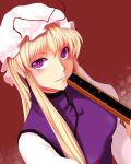  blonde_hair chulain closed_fan eyelashes fan folding_fan hat long_hair payot purple_eyes touhou violet_eyes yakumo_yukari 