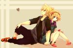  bad_id blonde_hair blue_eyes bow brother_and_sister casual hair_bow holding_hands kagamine_len kagamine_rin pigeon-toed sandals shoes short_hair siblings sitting twins vocaloid yomonari 