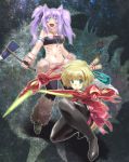  axe blonde_hair blue_eyes blush bodypaint dog_ears fang hair_ornament iwaya jewelry navel necklace open_mouth purple_hair sword twintails weapon 