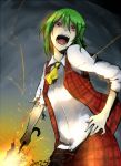  bad_id crazy crazy_eyes green_hair hand_on_hip kazami_yuuka open_mouth plaid plaid_skirt plaid_vest red_eyes short_hair skirt skirt_set torn_clothes touhou umbrella untucked yuu_(yu1you2iu3) 