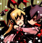  blonde_hair closed_eyes demon_tail detached_sleeves disgaea earrings fang flonne flonne_(fallen_angel) genso hug jewelry laharl long_hair makai_senki_disgaea nippon_ichi picotsuki pointy_ears red_eyes ribbon smile tail wings 