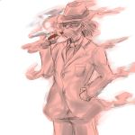  alternate_costume bad_id cigar contemporary facial_hair fedora formal hat male manly mimidori monochrome mustache necktie old_man personification red smoke solo suit touhou unzan 