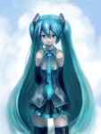  aqua_eyes aqua_hair arms_behind_back cloud detached_sleeves hatsune_miku headphones headset long_hair microphone necktie occult_soda skirt sky smile solo thigh-highs thighhighs twintails very_long_hair vocaloid 
