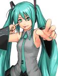  :p ahoge akanbe and aqua_eyes aqua_hair armpits bare_shoulders detached_sleeves eyelid_pull foreshortening hands hatsune_miku headset long_hair nail_polish necktie outstretched_arm outstretched_hand simple_background solo tongue twintails very_long_hair vocaloid 
