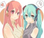  2girls blush breast_press breasts hatsune_miku headphones heart_eyes hibiglasses highres megurine_luka multiple_girls open_mouth sweatdrop symbol-shaped_pupils symmetrical_docking twintails vocaloid 