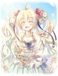  bad_id bare_shoulders blonde_hair breasts cleavage closed_eyes dress flower hair_flower hair_ornament happy long_hair original smile solo twintails very_long_hair yamadori_yoshitomo 