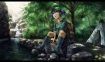  bad_id bag blue_eyes blue_hair boots cucumber digital_media_player earphones fishing_rod forest hat highres ipod kawashiro_nitori kurione_(pixiv) kurione_(zassou) letterboxed nature rubber_boots scenery shade solo tent touhou twintails water waterfall 