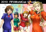  2010_fifa_world_cup 4girls black_eyes black_hair blonde_hair blush breast_envy breasts brown_eyes brown_hair cameroon denmark double_bun fujii_satoshi japan large_breasts long_hair multiple_girls netherlands original red_hair redhead short_hair soccer_uniform very_long_hair world_cup 