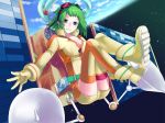  cosplay earrings earth floating goggles goggles_on_head green_eyes green_hair gumi jewelry mekonu_(mknn) satellite short_hair smile solo space thigh-highs thighhighs vocaloid 