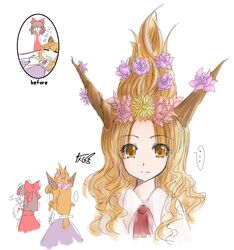  alternate_hairstyle blonde_hair brown_eyes flower hakurei_reimu horns ibuki_suika laughing long_hair milksea shouten_pegasus_mix_mori sleeping touhou 