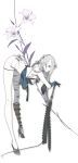  bad_proportions bandages bent_over braid breasts cleavage d.k flower garters gloves hair_flower hair_ornament high_heels highres kaine_(nier) lily_(flower) lingerie long_hair long_legs negligee nier official_art panties shoes silver_hair solo sword transparent_background underwear weapon white_panties 