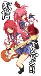  back-to-back bad_id guitar instrument is_ii iwasawa long_hair pink_eyes pink_hair red_eyes red_hair redhead school_uniform serafuku short_hair sleeves_rolled_up translated twintails yui_(angel_beats!) 