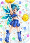  armpits blue_eyes blue_hair cheerleader cirno highres midriff pom_poms short_hair solo touhou wings yuuki_maya 