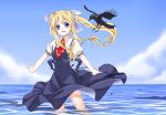  bird blonde_hair blue_eyes crow hair_ribbon haruichi kamio_misuzu long_hair ponytail ribbon school_uniform sora_(air) submerged 