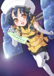  blouse blue_hair blush boots earphones elbow_gloves flashlight gloves hair_ornament hat hayabusa_(spacecraft) mecha_musume original personification short_hair shorts space space_craft tanabata tanzaku translated watch wristwatch yellow_eyes 