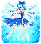  barefoot blue blue_eyes blue_hair bow cirno dress error fusuma_(not_found) hair_bow highres husuma ice magic_circle ribbon short_hair solo touhou wings 