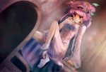  bobby_socks breasts crescent crescent_moon hat long_hair patchouli_knowledge purple_eyes purple_hair sitting socks solo touhou ukyo_rst violet_eyes 