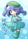  blue_eyes blue_hair character_name dress hat kawashiro_nitori key solo touhou translated twintails yukke_(pixiv171919) 