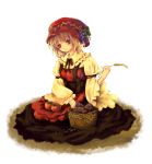  basket dress enzoematis_(lilac) food fruit grapes hat holding persimmon short_hair sitting solo suspenders tomato touhou wide_sleeves 