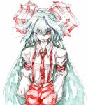  akihira_fujinohara fujiwara_no_mokou hair_ribbon hands_in_pockets long_sleeves necktie red_eyes ribbon silver_hair solo suspenders touhou traditional_media watercolor_(medium) white_hair wink 