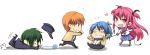  angel_beats! ankle_lace-up blazer blue_hair chibi closed_eyes collar cross-laced_footwear demon_tail green_hair hat heart hinata_(angel_beats!) ifmonozaki leash long_hair lowres naoi_ayato necktie open_mouth orange_eyes orange_hair otonashi_(angel_beats!) pink_eyes pink_hair school_uniform serafuku short_hair short_twintails skirt tail tears thigh_strap toilet_paper tripping twintails very_long_hair yui_(angel_beats!) 