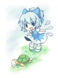  azuki_ron beard blue_hair chibi cirno dress facial_hair fang genjii grass ponytail touhou touhou_(pc-98) turtle wings 