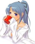  blue_eyes blue_hair bow coffee cup dress_shirt drinking hair_bow long_hair mug open_clothes open_shirt original oversized_clothes ponytail shirt solo 