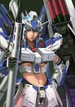  blue_hair breasts green_eyes gundam helmet lips long_hair mecha mecha_musume midriff navel nu_gundam_hws personification under_boob underboob weapon zhenlin 