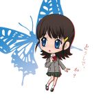  blue_eyes brown_hair butterfly chibi hair_ornament hairclip jigoku_shoujo kai_ai mikage_yuzuki ribbon school_uniform shoes skirt solo translated 