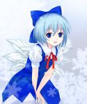  bad_id blue_eyes blue_hair bow cirno hair_bow highres large_bow leaning_forward light_smile looking_at_viewer open_mouth short_hair smile snow snowflakes solo touhou tucana v_arms wings 