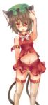  brown_hair cat_ears cat_tail chen earrings jewelry kuromiya midriff multiple_tails red_eyes short_hair solo tail thigh-highs thigh_strap thighhighs touhou 