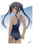  adjusting_swimsuit ann_yosh ass black_hair brown_eyes from_behind gradient gradient_background highres k-on! long_hair looking_back nakano_azusa one-piece_swimsuit payot school_swimsuit swimsuit swimsuit_pull tan tanline twintails 