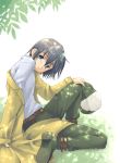  belt black_hair blue_eyes fur_hat grass hat jacket kino kino_no_tabi kunai_uri leaf pants reverse_trap short_hair sitting smile solo trap 