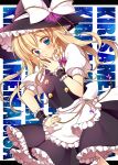  1girl apron bad_id blonde_hair blue_eyes blush bow braid buttons character_name hair_bow hand_on_hip hand_on_own_face hat highres kirisame_marisa long_hair masaru.jp ribbon solo star touhou witch_hat wrist_cuffs 