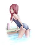  ass brown_eyes highres leaning_forward long_hair maco one-piece_swimsuit original pool poolside red_hair redhead school_swimsuit solo swimsuit thermos wading water yellow_eyes 