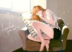  between_thighs blouse brown_hair chair closed_eyes couch cushion earphones hand_to_mouth legs long_hair neon_genesis_evangelion niko_(silent.whitesnow) shikinami_asuka_langley shorts sitting smile solo souryuu_asuka_langley window 