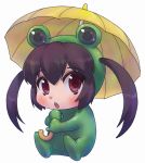  black_hair brown_eyes chibi frog_costume k-on! landolt_tamaki long_hair nakano_azusa twintails umbrella water_waterfall 