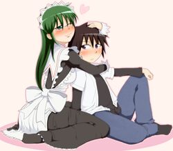 brown_hair glasses green_eyes green_hair hayate_no_gotoku! heart hug kijima_saki long_hair maid ponpo short_hair tachibana_wataru 