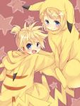  1boy 1girl bad_id blonde_hair blush brother_and_sister cosplay fang hair_ornament hairclip kagamine_len kagamine_rin looking_back maruki_(punchiki) pikachu pikachu_(cosplay) pokemon ponytail short_hair siblings sitting smile twins vocaloid 