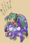  chibi crossover detached_sleeves ghost_in_the_shell ghost_in_the_shell_stand_alone_complex green_eyes green_hair hatsune_miku long_hair open_mouth pointing riding tachikoma thigh-highs thighhighs translated translation_request twintails vocaloid 